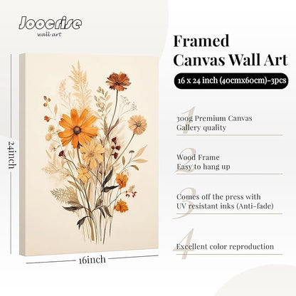Botanical Floral Wall Art Set of 3 Vintage Wildflower Canvas Wall Decor Watercolor Rustic Farmhouse Wall Art Aesthetic Botanical Pictures Vintage Floral Prints for Bedroom 16x24 Inch Ready to Hang