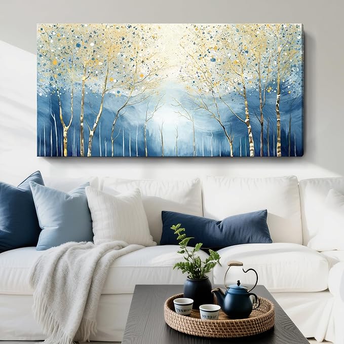 Oversized Abstract Plant Wall Art For The Living Room, Blue And Yellow Birch Forest Canvas Print, Modern Natural Horizontal Wall Decor For Bedrooms, Bathrooms, Dining Rooms, And Entryways. 58X29 Inches.