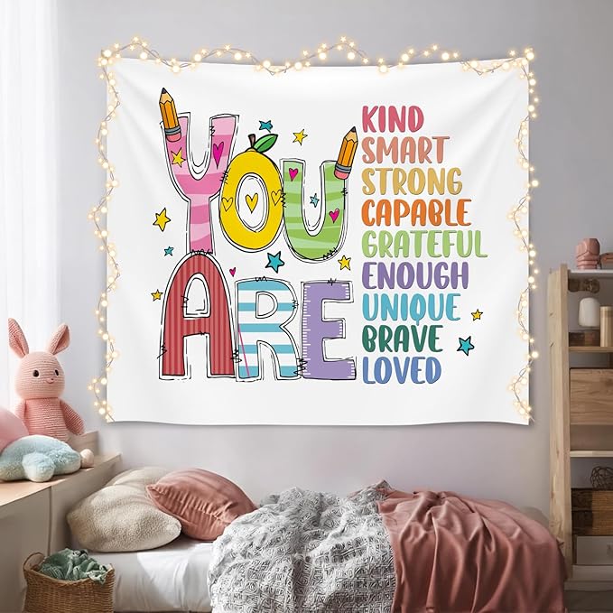 Soft Flannel Wall Tapestry – You Are Kind ,You Are Smart Inspirational Tapestry,Colorful Wall Hanging Decor for Bedroom Living Room Kids Room Decor,Birthday Party Wall Art Decoration 59x51 inch (Colorful-You are kind)