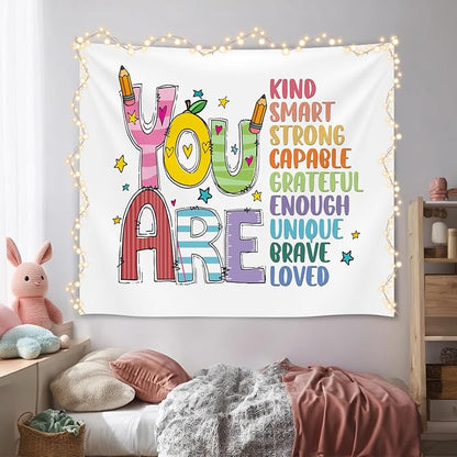 Soft Flannel Wall Tapestry – You Are Kind ,You Are Smart Inspirational Tapestry,Colorful Wall Hanging Decor for Bedroom Living Room Kids Room Decor,Birthday Party Wall Art Decoration 59x51 inch (Colorful-You are kind)