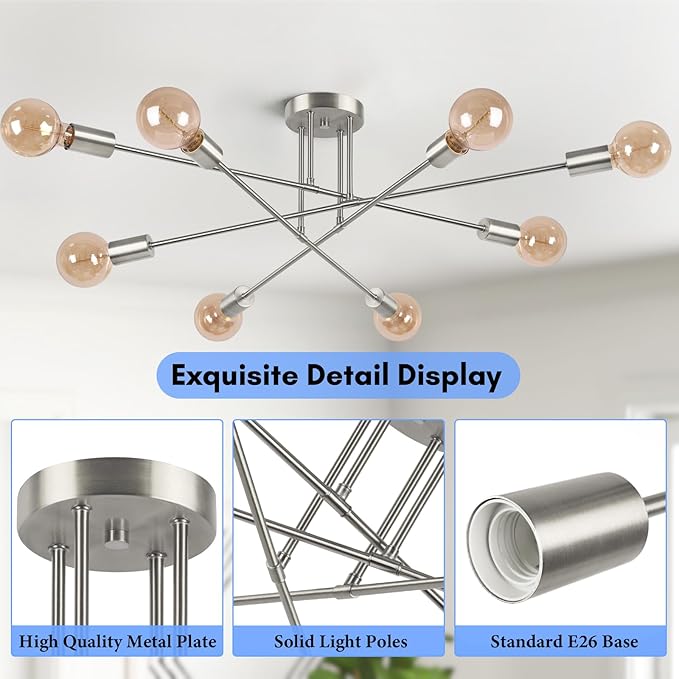 Modern Sputnik Chandelier 8-Light Industrial Ceiling Lights Fixture 32" Brushed Nickel Semi Flush Mount Ceiling Light with E26 Base Sputnik Lights Fixture for Dining Room Bedroom Hallway Living Room