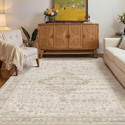 Rugxara Washable Area Rug for Living Room, Vintage Neutral Boho Rugs for Office, Dining Room, Kids Room, Farmhouse, Durable Low Pile Non Slip Carpet for High Traffic Areas, Cream(4x6ft)