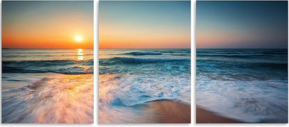 TutuBeer 3 Panels Beach Pictures Wall Art Blue Sea White Beach at Sunrise Pictures Print on Canvas Beach Wall Decor Beach Paintings for Home Decor Stretched and Framed Easy to Hang 16" x 32" x 3 Pcs