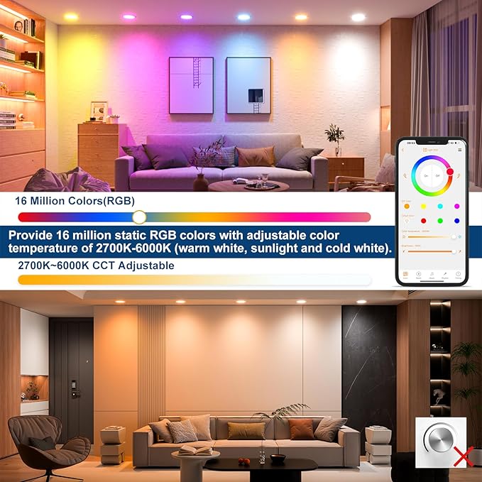 SikSog Smart Recessed Lighting 4 Inch RGBCW Color Changing 12W LED Downlight with Junction Box,1100 Lumen Recessed Ceiling Light Compatible with Alexa,Dimmable by Bluetooth Control -6Pack