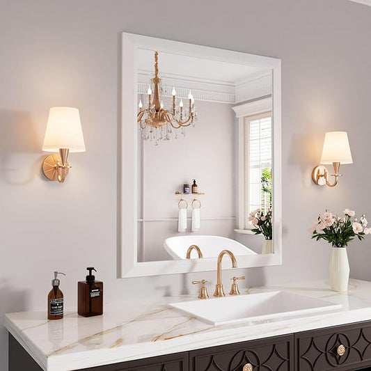 Amorho Bathroom Mirror, 30x36 Inch White Framed Bathroom Mirrors for Over Sink, Wall-Mounted Mirrors for Bedroom, Living Room, Entryway(Horizontal/Vertical).
