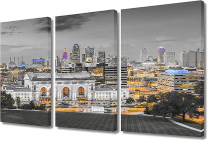 3 Panel City Skyline Black and White Wall Art Kansas City Missouri Skyline Wall Decor for Living Room Skyscrapers Artwork Wall Decor for Bedroom Posters and Prints Framed Ready to Hang (36"Wx24"H)