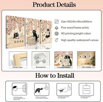 Funny Japanese Bathroom Wall Art Set of 3, Whimsical Black Cat Bathroom Wall Decor Painting Cute Japan Animal on Toilet Reading Poster Canvas Prints 16x24 inch Framed
