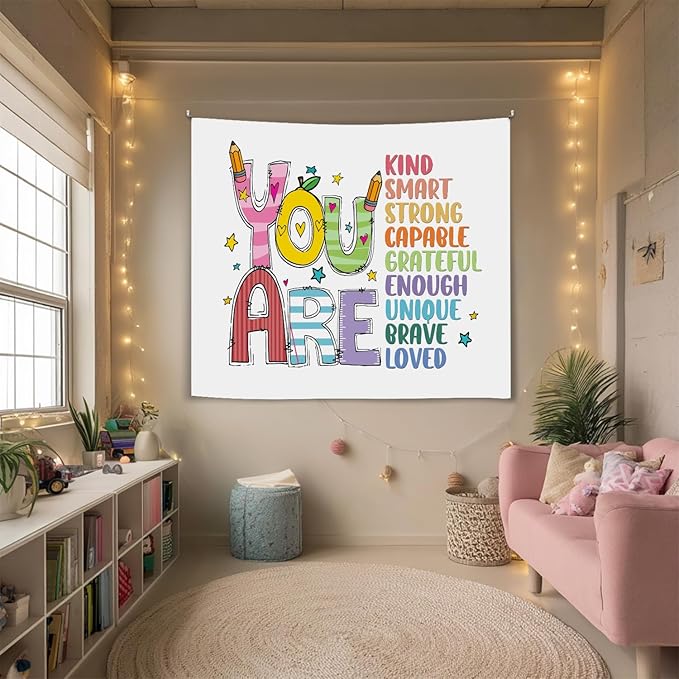 Soft Flannel Wall Tapestry – You Are Kind ,You Are Smart Inspirational Tapestry,Colorful Wall Hanging Decor for Bedroom Living Room Kids Room Decor,Birthday Party Wall Art Decoration 59x51 inch (Colorful-You are kind)