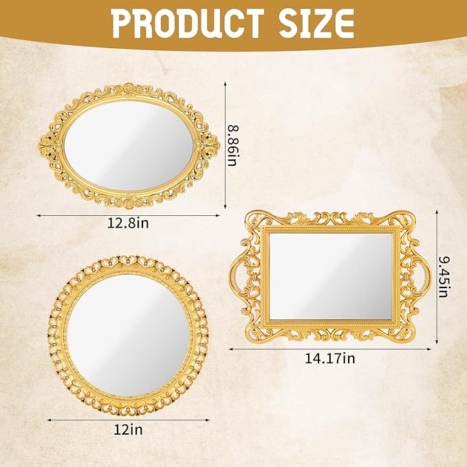 YEXEXINM 3 Styles Vintage Gold Mirror Set Decorative Antique Mirrors for Wall Hanging Vanity Table Mirrors with Stand Resin Frame Retro Mirror for Living Room, Bedroom, Dresser & Photography Decor