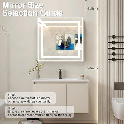 36 X 36 Inch Square LED Bathroom Vanity Mirror, 3 Colors Light Dimmable, Wall Mounted Memory Lighted Makeup Mirror with Anti-Fog Touch Switch (Front-lit&Backlit)