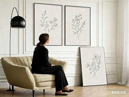 HLUSSBLIEB 3Pcs beige floral art，minimalist botanical line art，modern black and white wall art，Neutral Botanical Floral Wall Art，for Living Room Bedroom Office （16 * 24in） Unframed
