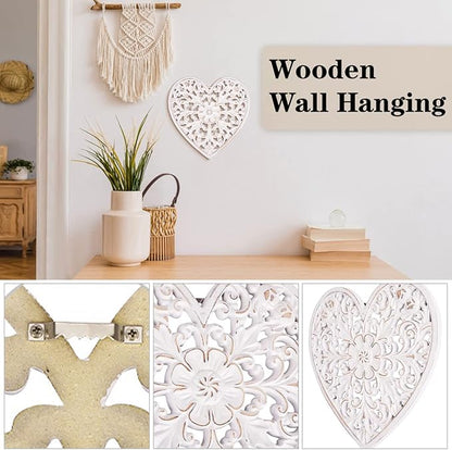 HOTBEST Wooden Wall Decor Floral Hollow Carved Wall Panel Hanging Decor Rustic Art Sculpture Home Ornament for Hallway Bedroom Living Room Cafe Office (Heart Shape 30 * 30cm)