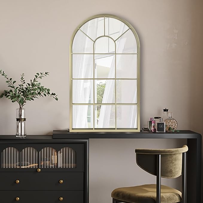 HQiJun Wall Mirror Window Decorative Mirrors Arched Farmhouse for Living Room Bedroom Entryway Bathroom Vanity(Gold,31.5” x 20” x 1”)