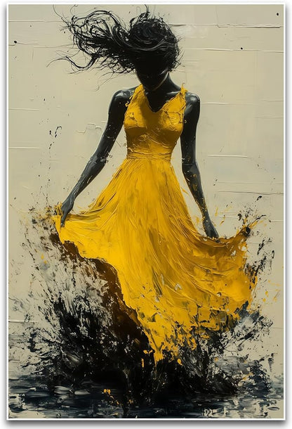 Abstract Figure Wall Art Modern Expressive Vibrant Yellow Dress Dynamic Brushstroke Splash Texture Neutral Tone Home Living Room Bedroom Artistic Interior Decor Statement Piece 16x24 Inch Unframed