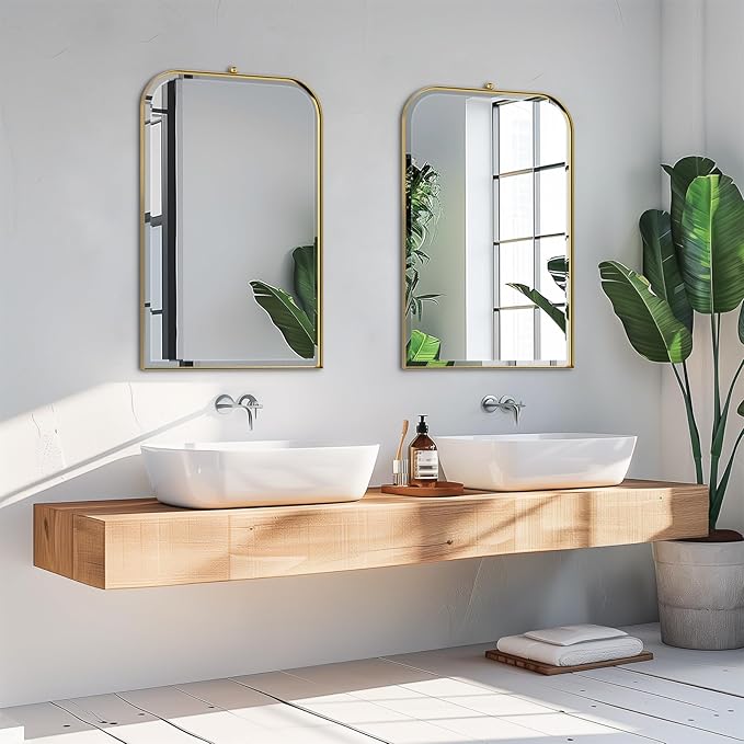 POZINO Rectangle Beveled Mirror, 22"x35" Bathroom Vanity Mirrors for Over Sink, Brushed Gold Mirror with Stainless Steel Frame, Modern Premium Wall Mirrors for Living Room Entryway Hallway
