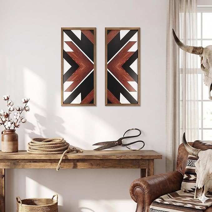 flangairy Southwestern Aztec Wall Decor Native American Wood Wall Art Boho Framed Navajo Tribal Western Modern Boho For Home Living Room Bedroom Bohemian Geometric Frames Hanging Decorations