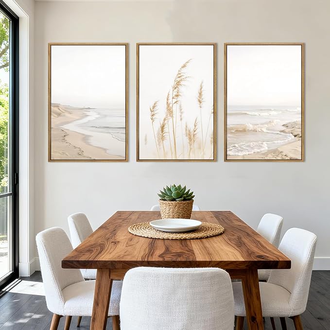 HPNIUB Modern Beach Waves Framed Wall Art Set,Seaside Reed Pathway Wall Decor,Minimalist Neutral Coastal Landscape Printing,Boho Seascape Nature Artwork for Living Room, Bedroom,Bathroom-24''x36''x3