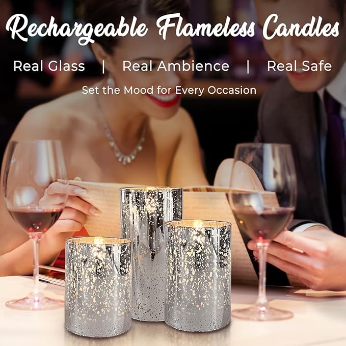 LEDHOLYT Rechargeable Flameless Candle, Flickering LED Pillar Glass Fake Candle with Remote and Timer, Built-in Battery Real Wax Electronic Candle for Room Decoration, Set of 3