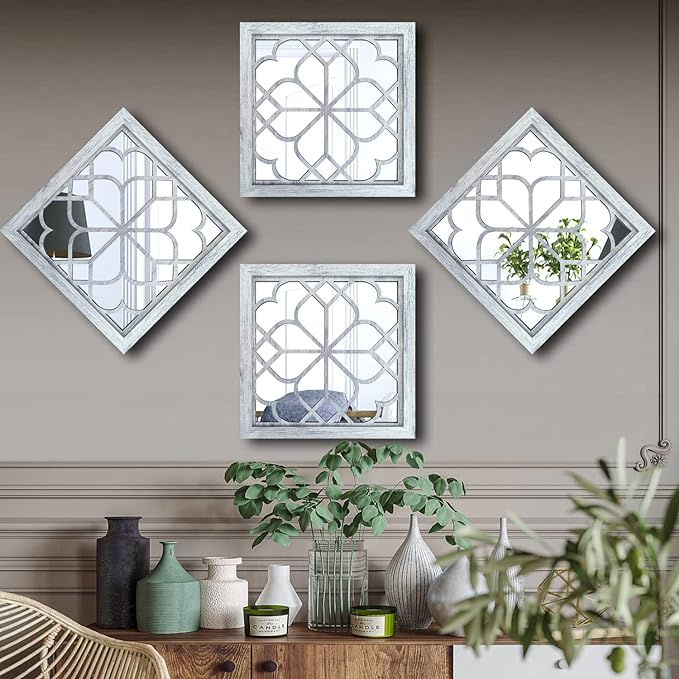 Wocred Set of 4 Mirrors Square Wall Mirror,Gorgeous Rustic Farmhouse Accent Mirror,Rustic White Color Entry Mirror for Bathroom Renovation,Bedrooms,Living Rooms and More(12”x12”4pcs)