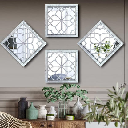 Wocred Set of 4 Mirrors Square Wall Mirror,Gorgeous Rustic Farmhouse Accent Mirror,Rustic White Color Entry Mirror for Bathroom Renovation,Bedrooms,Living Rooms and More(12”x12”4pcs)