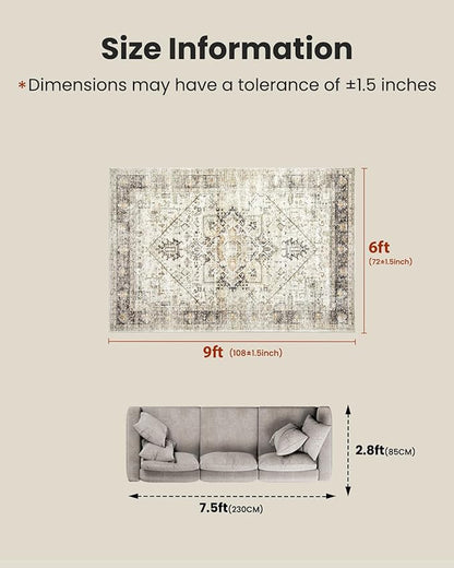 AMADA HOMEFURNISHING 6x9 Area Rugs, Blue Low-Profile Washable Rug with Non-Slip Backing & Durable Edge Binding, Vintage Rugs for Living Room, Bedroom, Dinning Room