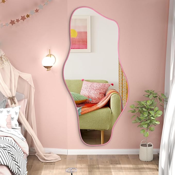 Large Irregular Mirror, 63"x30" Asymmetrical Tempered Glass Mirror Full Length, Pink Organic Frameless Wall Mirrors for Living Room Bedroom Hallway Entryway, Horizontal or Vertical Hanging