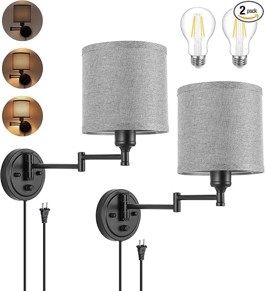 GOODATE Dimmable Plug in Wall Sconces, Swing Arm Wall Lamp, Wall Sconces Set of Two, Plug in Wall Light, Sconces Wall Decor Set of 2, Grey Fabric Shade, 2pcs Bulbs Included