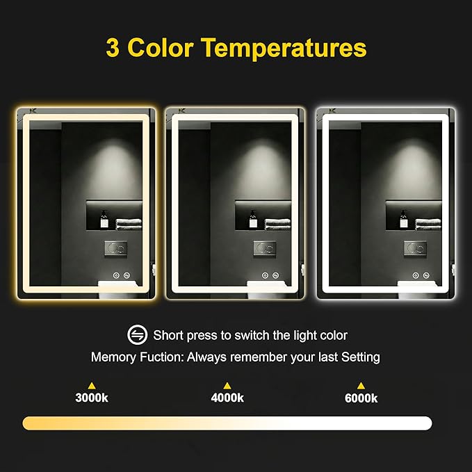 LED Bathroom Mirror with Lights - Anti-Fog, Dimmable, Backlit+Frontlit, 3 Color Light - 24"x32" Lighted Vanity Mirrors for Wall, Shatterproof Tempered Glass, Memory Function