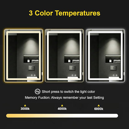 LED Bathroom Mirror with Lights - Anti-Fog, Dimmable, Backlit+Frontlit, 3 Color Light - 24"x32" Lighted Vanity Mirrors for Wall, Shatterproof Tempered Glass, Memory Function