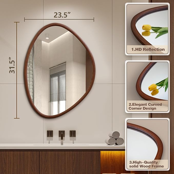 Irregular Wall Mirror, 31.5"x23.5" Wood Farmhouse Asymmetrical Mirror, Wall Mounted Bathroom Mirrors for Bedroom, Entryway, Living Room, Bathroom, Walnut