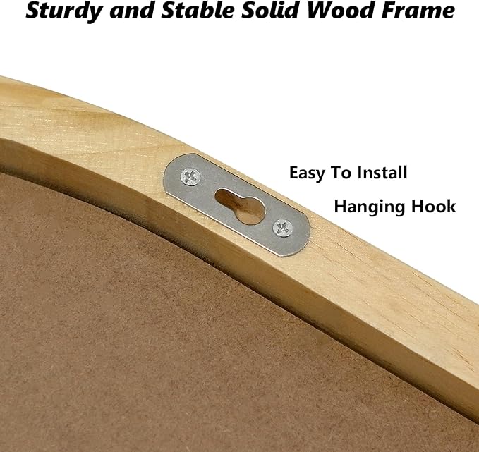Wood Wall Mirror with Hooks, 30x18 Inch Boho Wall Mirror with Removable Shelf, Oval Solid Wood Framed, Handmade Rattan Mirror Decor Accent for Entryway, Bathroom, Nursery, Bedroom, Living Room