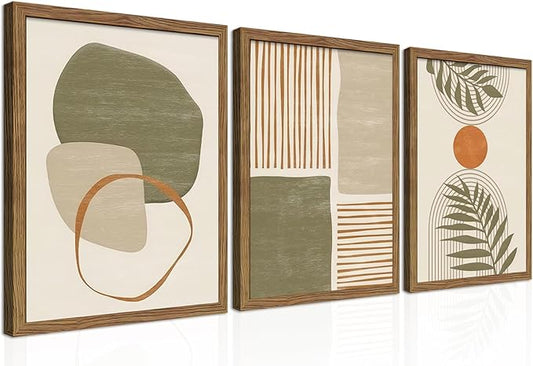 Framed Sage Green Boho Plant Wall Art Set of 3, Neutral Botanical Canvas Prints, Boho Picture Painting, Abstract Mid-Century Modern Tropical Leaf Decor for Living Room Bedroom 12x16 inch