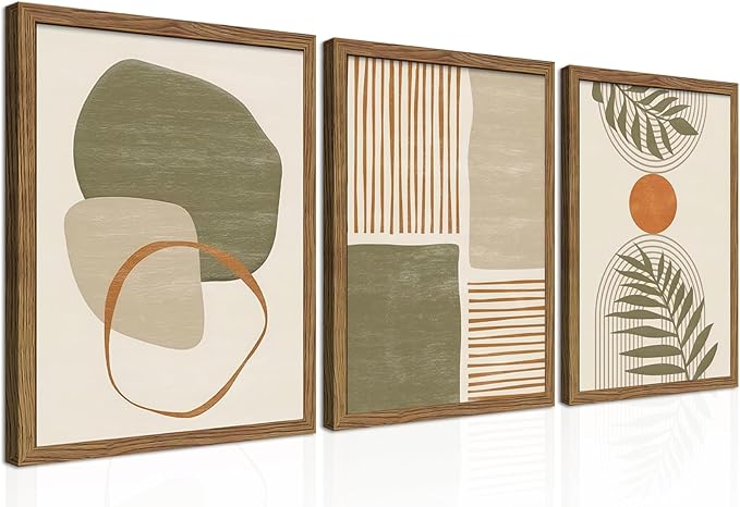 Framed Sage Green Boho Plant Wall Art Set of 3, Neutral Botanical Canvas Prints, Boho Picture Painting, Abstract Mid-Century Modern Tropical Leaf Decor for Living Room Bedroom 16x24 inch