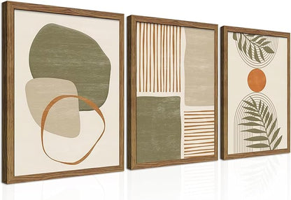 Framed Sage Green Boho Plant Wall Art Set of 3, Neutral Botanical Canvas Prints, Boho Picture Painting, Abstract Mid-Century Modern Tropical Leaf Decor for Living Room Bedroom 16x24 inch