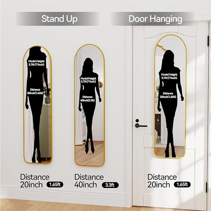 SCWF-GZ 47x14 Mirror Full Length Back Door Hanging or Wall Mounted Aluminum Metal Frame Arch Mirrors for Entryway Bedroom Bathroom Dressing Living Room 47 14 inch Gold