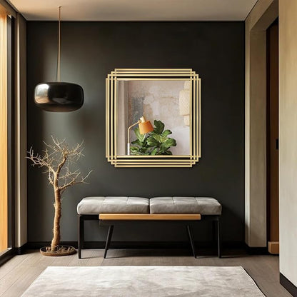 Gold Geometric Mirrors, 24"x24" Art Deco Elegant Mirror with Metal Frame, Modern Square Aesthetic Wall Mirrors for Living Room Bedroom Entryway, Horizontal or Vertical Hanging