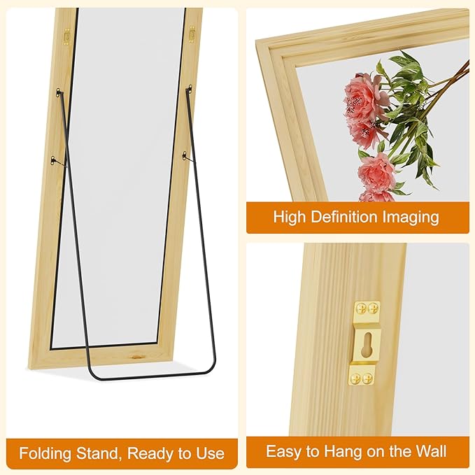 ZHUNFA Full Length Mirror,65x22 Inch Full Length Mirror Wall Mounted,Vertical Hanging,Leaning Standing for Bedroom,Living Room,Rectangular Wooden Frame,Log Color.