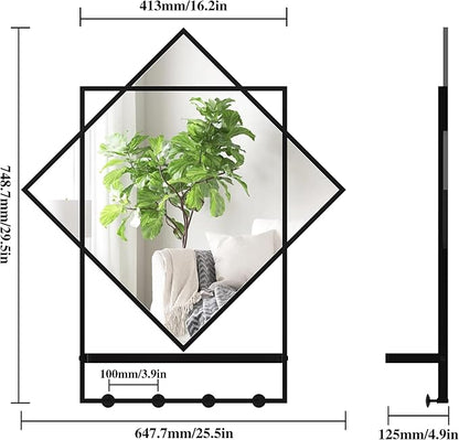 Black Entryway Mirror with Hooks, 26" X 30" Wall Mirror with Hooks, Bathroom Mirror with Shelf, Rectangular Framed Wall Mirror with Shelf and Hooks