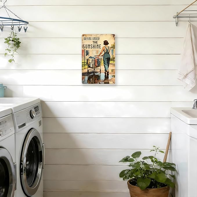 Drying Under The Sunshine Tin Sign Rustic Laundry Room Decor Vintage Metal Wall Art for Farmhouse Kitchen Bathroom 12x8 Inch