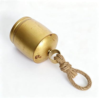 Handmade Vintage Gold Metal Cow Bell Ornament, 5 Inch Rustic Farmhouse Hanging Bell with Jute Rope, Distressed Antique Bell for Door Handles, Wreaths, Wall Hooks, Mantels & Porch Décor