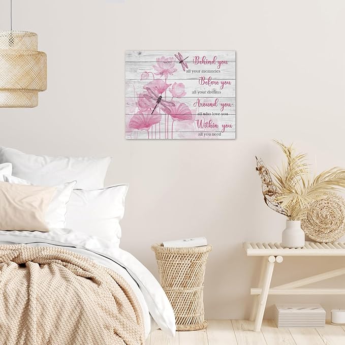 LB Pink Floral Inspirational Wall Art Vintage Farmhouse Flower with Dragonfly Wood Canvas Wall Art Modern Aesthetic Wall Decor for Bedroom Bathroom Living Room Framed Artwork Ready to Hang 16L x 20W