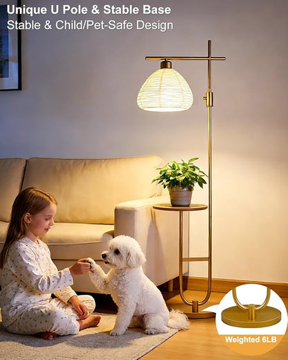Lightdot Gold Floor Lamp with Table, Modern Standing Lamp Rotary Switch with Shelves, Dimmable Brass Tall Lamps Mid Century Corner Floor Lamp for Living Room, Bedroom, Study, Office - E26 Bulb, 3000K