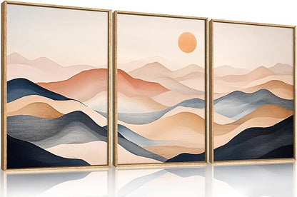Boho Abstract Mountain Framed Canvas Wall Art Set,Earthy Toned Rustic Sunrise Landscape Wall Decor,Colorful Modern Watercolor Nature Scenery Artwork for Living Room, Bedroom,Farmhouse-16"x24"x3