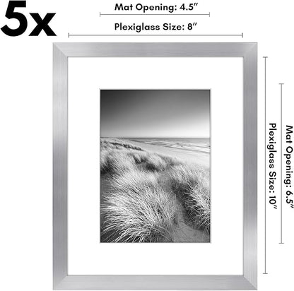 Americanflat 8x10 Picture Frame with Plexiglass - Set of 5 - Use as 5x7 Frame with Mat or Display 8x10 Photo Without Mat - Galleria Collection - Picture Frames for Tabletop or Wall - Silver
