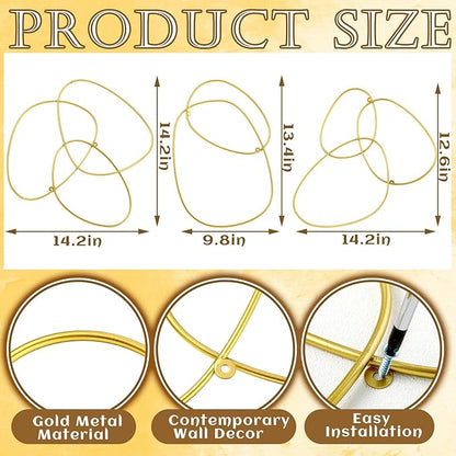 Hicarer 3 Pcs Interlocking Rings Wall Sculpture Gold Metal Home Wall Decor Abstract Aesthetic Gold Decoration for Art Bedroom Living Room Bathroom Home(Circle)