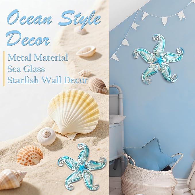 POXOHO Starfish Outdoor Wall Decor for Garden Fence Patio, 12" Hanging Metal & Glass Sculpture, Coastal Beach Ocean Gift for Women Men(Sky Blue)