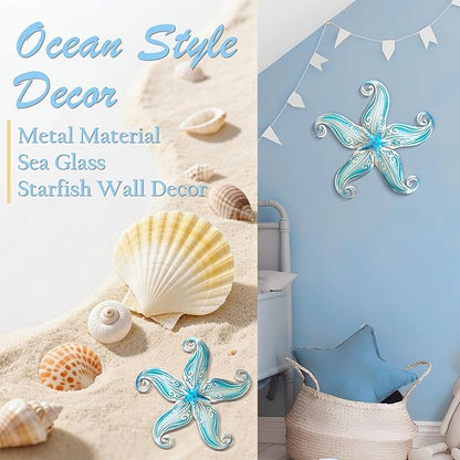 POXOHO Starfish Outdoor Wall Decor for Garden Fence Patio, 12" Hanging Metal & Glass Sculpture, Coastal Beach Ocean Gift for Women Men(Sky Blue)