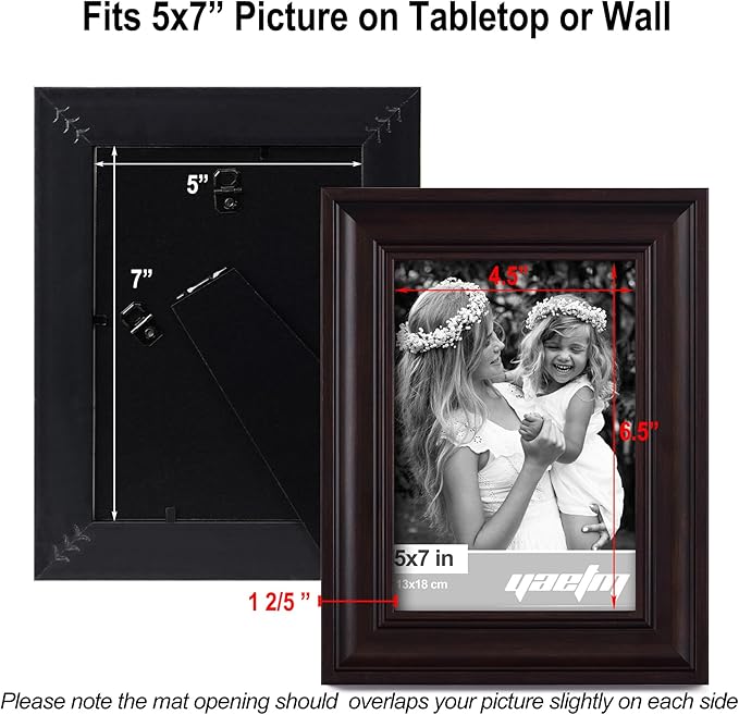 Yaetm 5x7 Picture Frame Set of 4, 1.4” Wide Molding & Dark Brown Photo Frames 5 x 7 with HD Tempered Glass, Display on Tabletop & Wall Mounting (4 Pack, Brown)