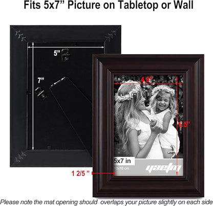Yaetm 5x7 Picture Frame Set of 4, 1.4” Wide Molding & Dark Brown Photo Frames 5 x 7 with HD Tempered Glass, Display on Tabletop & Wall Mounting (4 Pack, Brown)