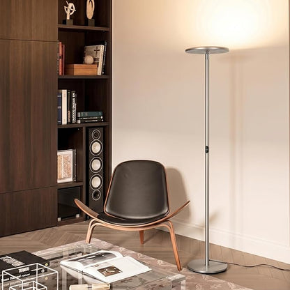 Brightech Sky LED Floor lamp, Torchiere Super Bright Floor Lamp for Living Room Decor & Office - Dimmable, Tall Standing Torch Lamp with Warm Light for Bedroom & Reading - Platinum Silver